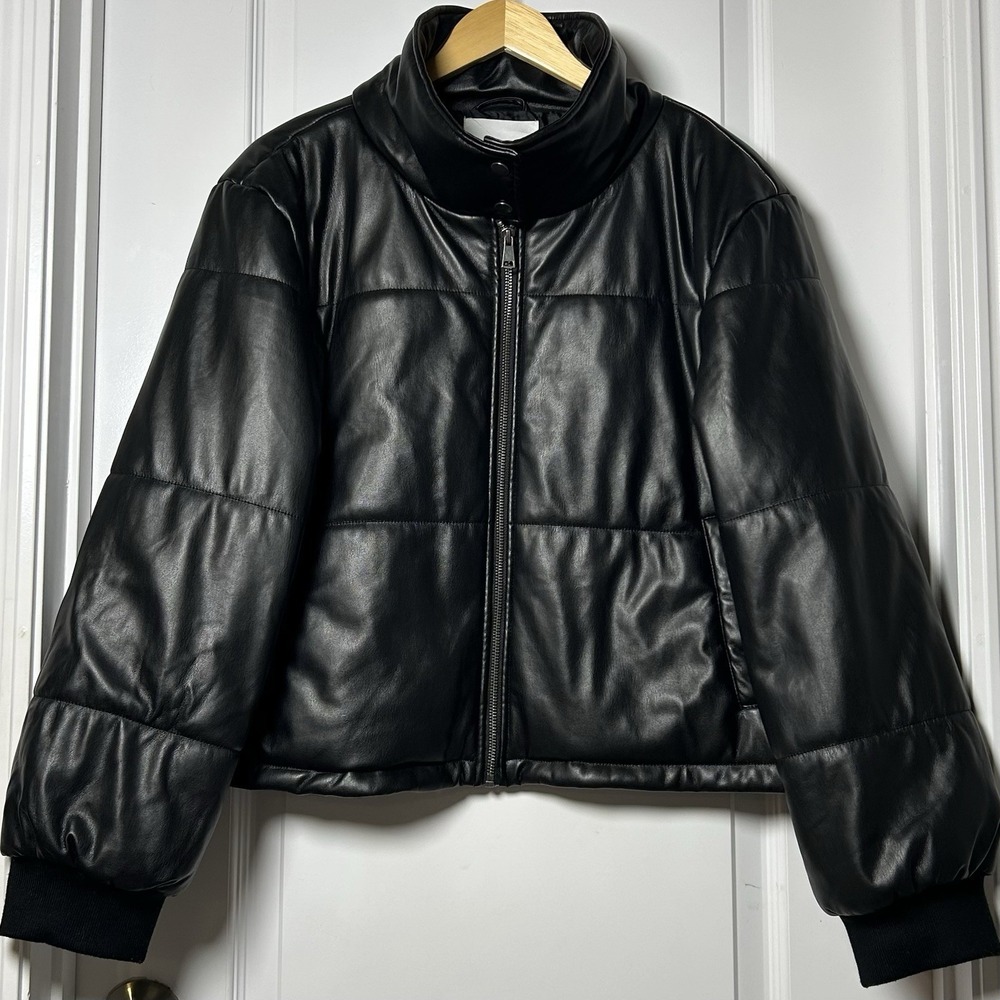 Anthropologie Black Faux Leather High Neck Puffer Jacket Grunge Dark Glam Style